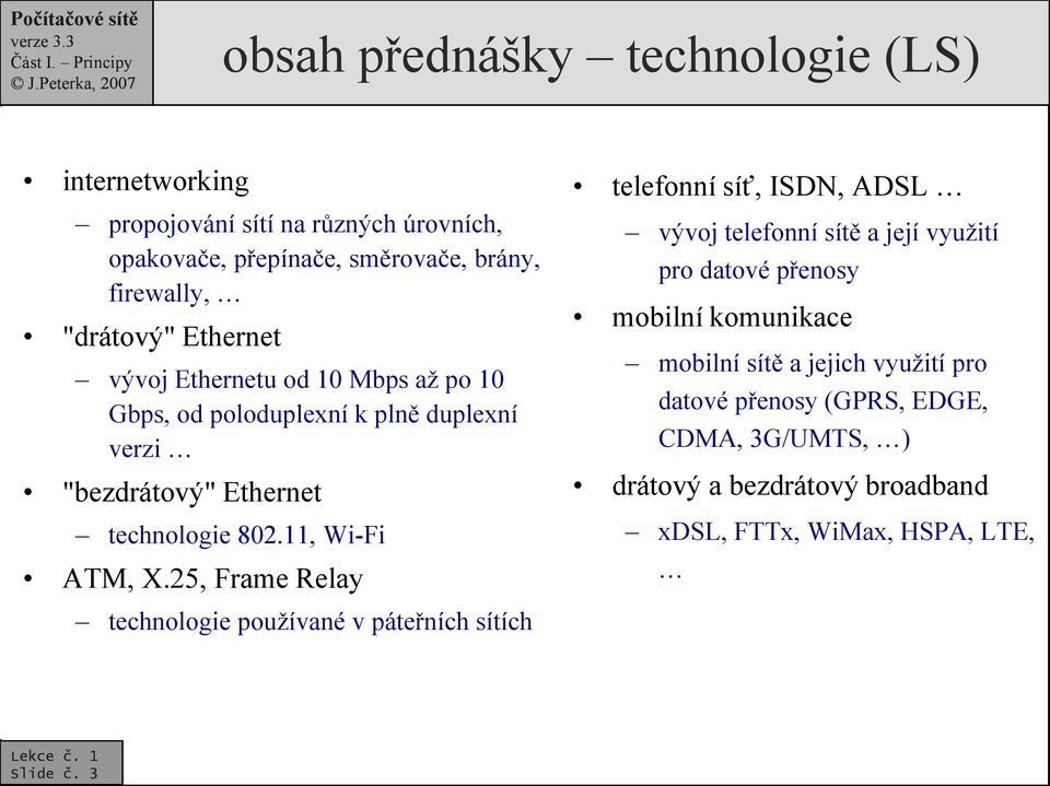 25, Frame Relay technologie používané v páteřních sítích telefonní síť, ISDN, ADSL vývoj telefonní sítě a její využití pro datové přenosy mobilní