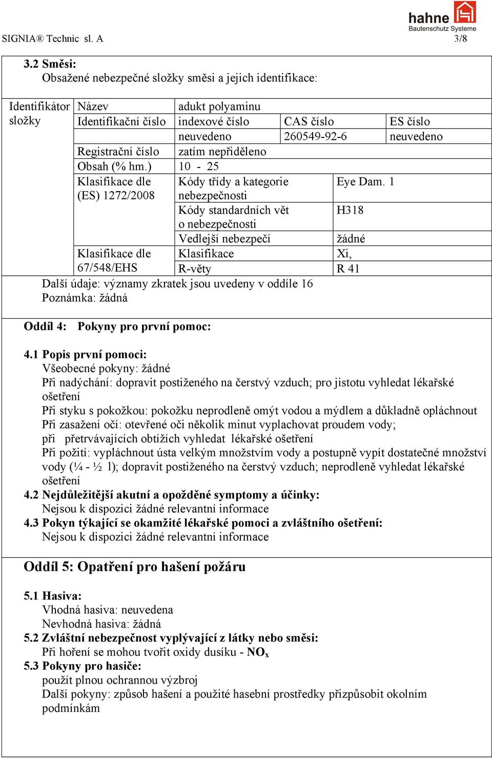 Registrační číslo zatím nepřiděleno Obsah (% hm.) 10-25 Klasifikace dle Kódy třídy a kategorie Eye Dam.