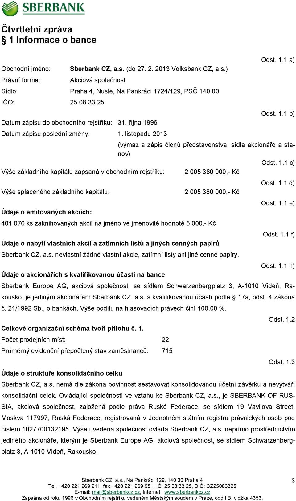 1.1 d) Výše splaceného základního kapitálu: 2 005 380 000,- Kč Odst. 1.1 e) Údaje o emitovaných akciích: 401 076 ks zaknihovaných akcií na jméno ve jmenovité hodnotě 5 000,- Kč Odst. 1.1 f) Údaje o nabytí vlastních akcií a zatímních listů a jiných cenných papírů Sberbank CZ, a.