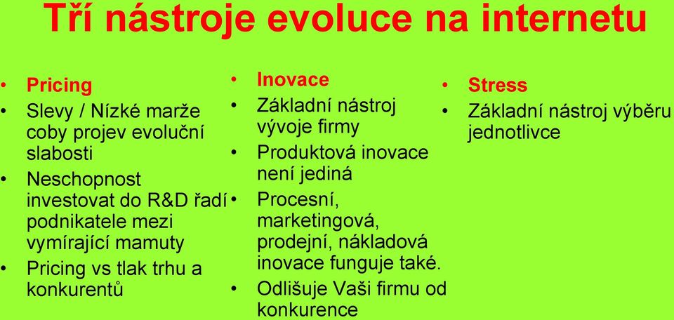konkurentů Základní nástroj vývoje firmy Produktová inovace není jediná Procesní, marketingová,