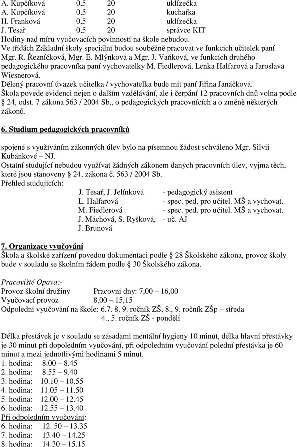 Vaňková, ve funkcích druhého pedagogického pracovníka paní vychovatelky M. Fiedlerová, Lenka Halfarová a Jaroslava Wiesnerová.