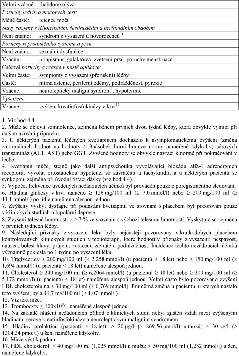 z vysazení (přerušení) léčby 1,9 Časté: mírná astenie, periferní edémy, podrážděnost, pyrexie Vzácné: neuroleptický maligní syndrom 1, hypotermie Vyšetření: Vzácné: zvýšení kreatinfosfokinázy v krvi