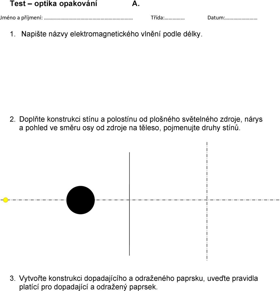 Doplňte konstrukci stínu a polostínu od plošného světelného zdroje, nárys a pohled ve směru osy