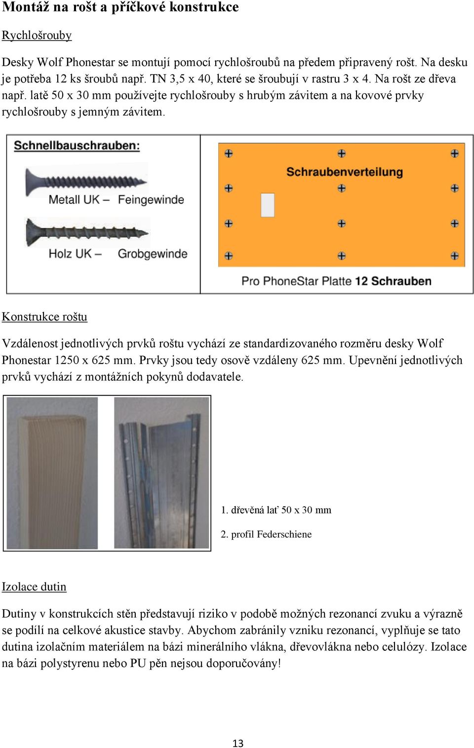 Konstrukce roštu Vzdálenost jednotlivých prvků roštu vychází ze standardizovaného rozměru desky Wolf Phonestar 1250 x 625 mm. Prvky jsou tedy osově vzdáleny 625 mm.