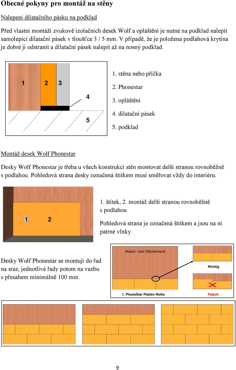 podklad Montáž desek Wolf Phonestar Desky Wolf Phonestar je třeba u všech konstrukcí stěn montovat delší stranou rovnoběžně s podlahou.