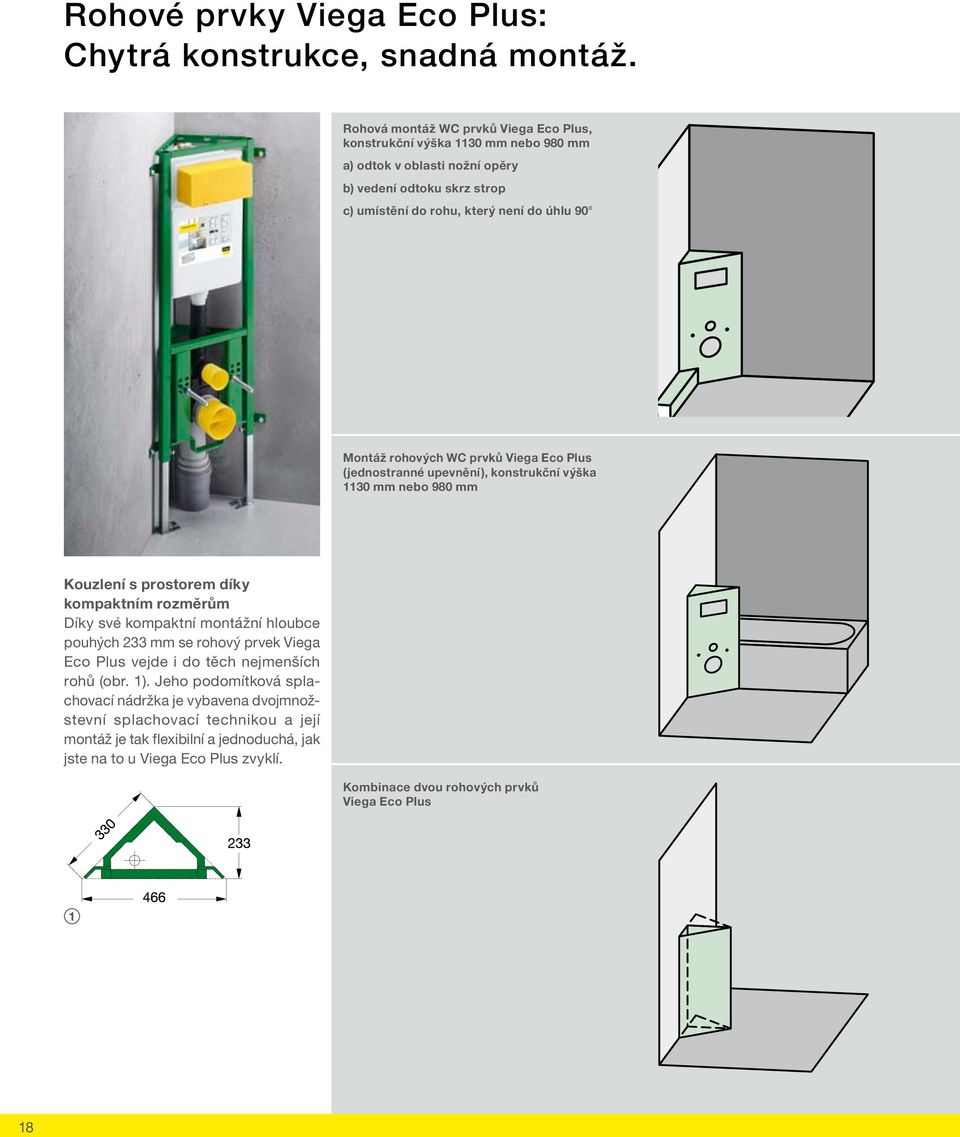 Montáž rohových WC prvků Viega Eco Plus (jednostranné upevnění), konstrukční výška 1130 mm nebo 980 mm Kouzlení s prostorem díky kompaktním rozměrům Díky své kompaktní montážní