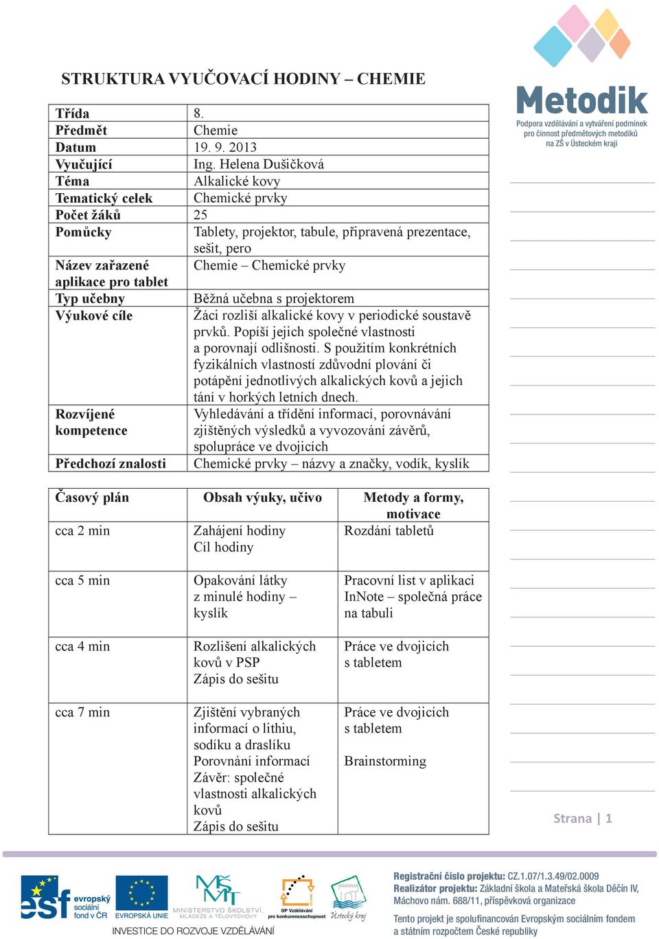 pro tablet Typ u ebny B žná u ebna s projektorem Výukové cíle Žáci rozliší alkalické kovy v periodické soustav prvk. Popíší jejich spole né vlastnosti a porovnají odlišnosti.