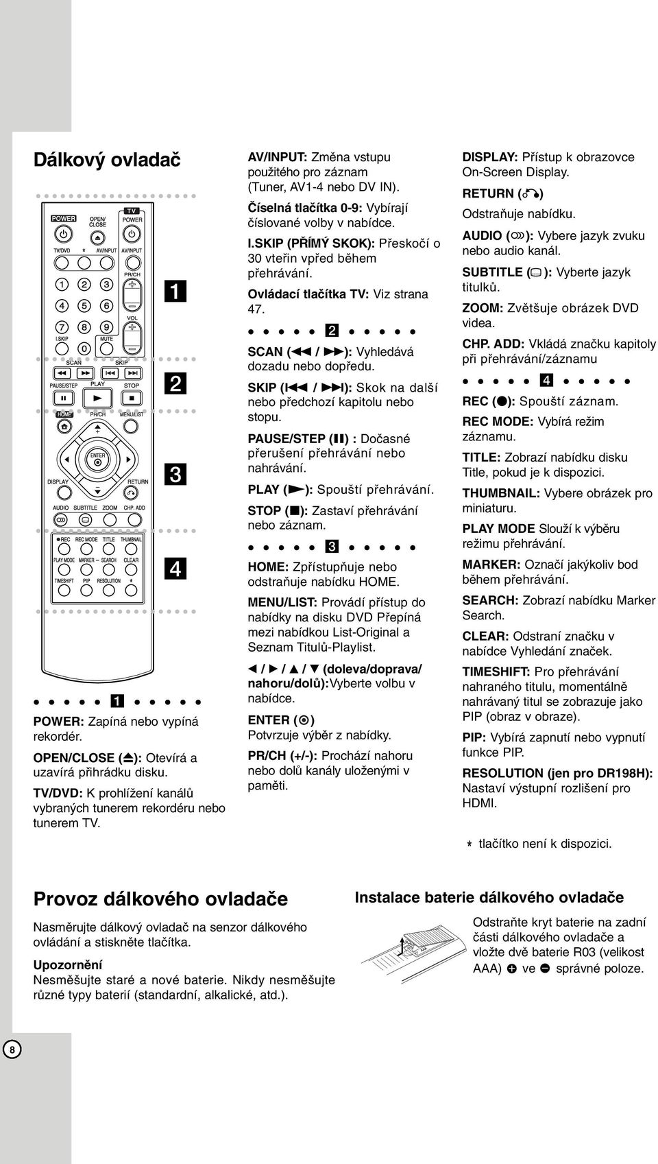 Ovládací tlačítka TV: Viz strana 47. b SCAN (m / M): Vyhledává dozadu nebo dopředu. SKIP (. / >): Skok na další nebo předchozí kapitolu nebo stopu.