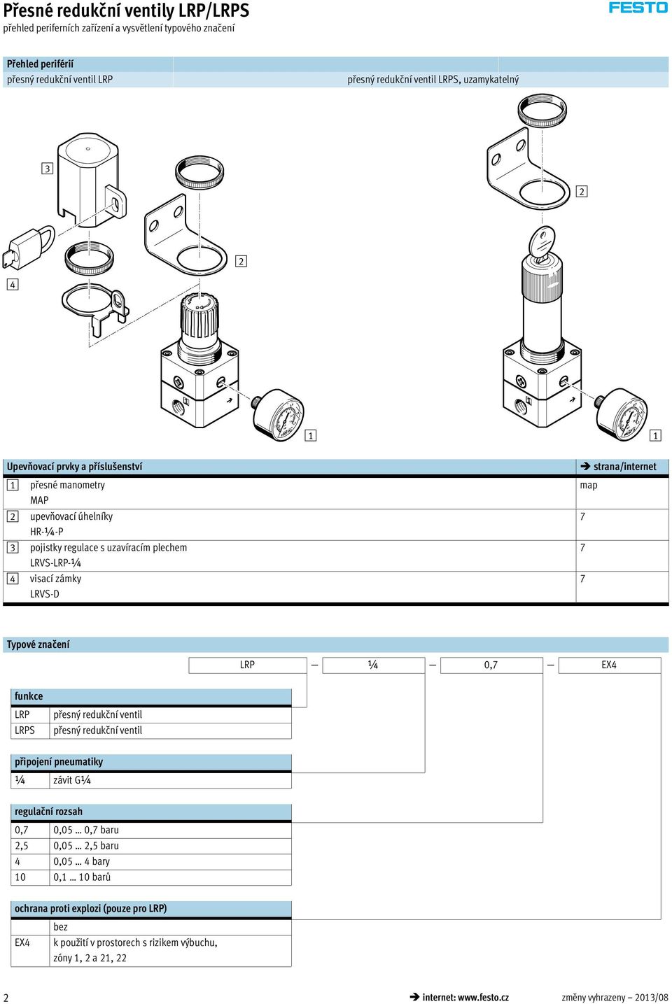 Typové značení LRP ¼ 0,7 EX4 funkce LRP LRPS přesný redukční ventil přesný redukční ventil připojení pneumatiky ¼ závit G¼ regulační rozsah 0,7 0,05 0,7 baru,5 0,05,5