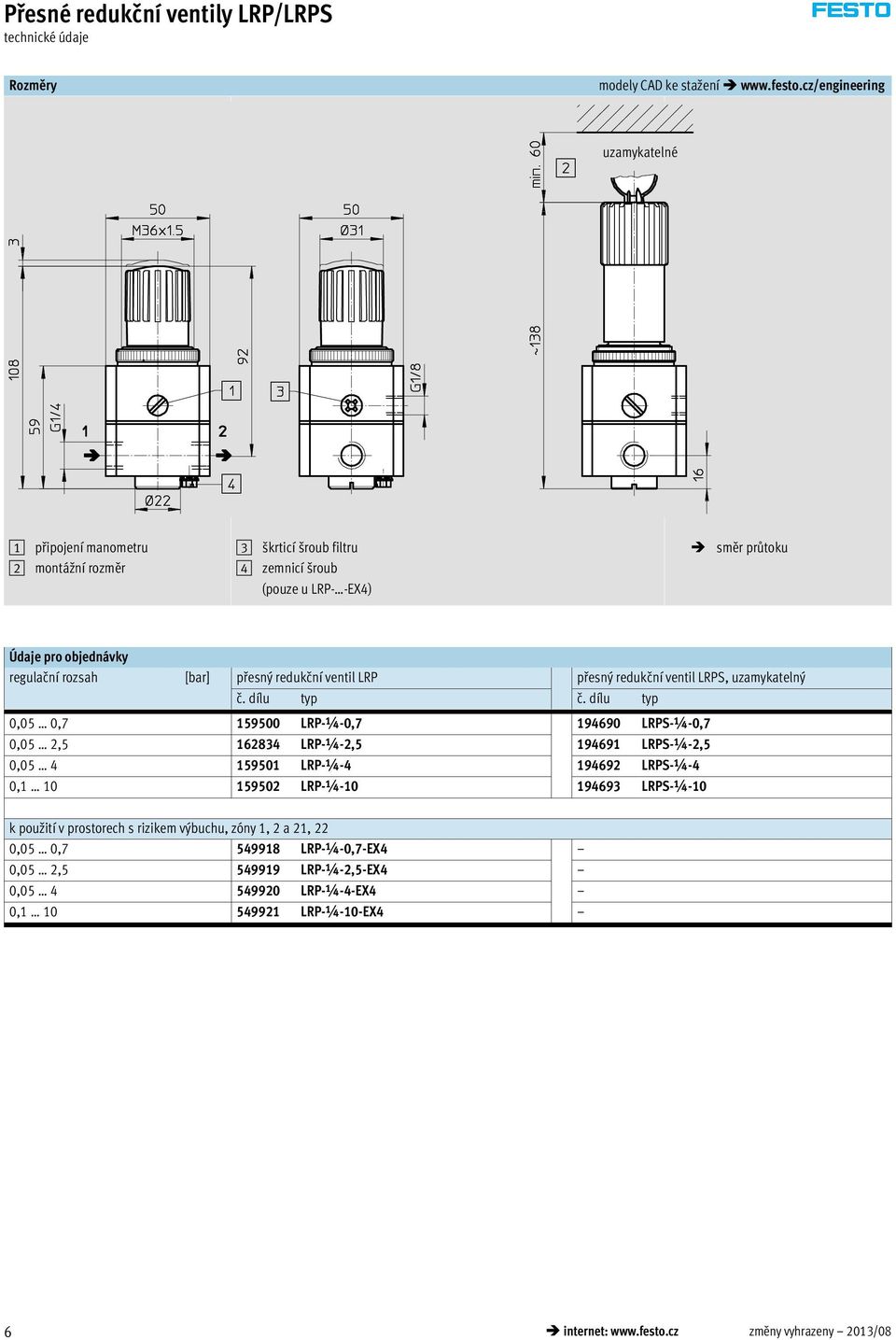 přesný redukční ventil LRP přesný redukční ventil LRPS, uzamykatelný č. dílu typ č.