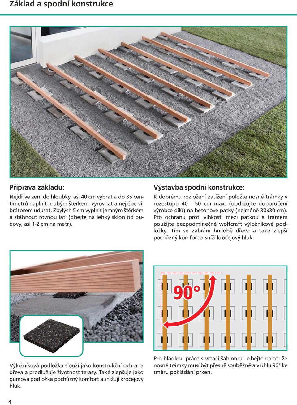 Výstavba spodní konstrukce: K dobrému rozložení zatížení položte nosné trámky v rozestupu 40-50 cm max. (dodržujte doporučení výrobce dílů) na betonové patky (nejméně 30x30 cm).