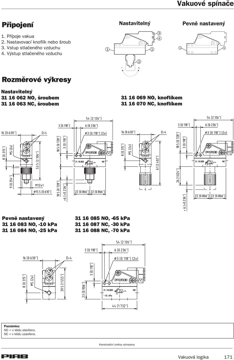 šroubem 31 16 069 NO, knoflíkem 31 16 070 NC, knoflíkem Pevnì nastavený 31 16 083 NO, -10 kpa 31 16 084 NO, -25 kpa 31 16