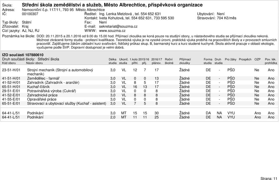 11.2 a 2.1.216 od 9. do. hod. Přijímací zkouška se koná pouze na studijní obory, u nástavbového studia se přijímací zkouška nekoná. Možnost zkrácené formy studia profesní kvalifikace.