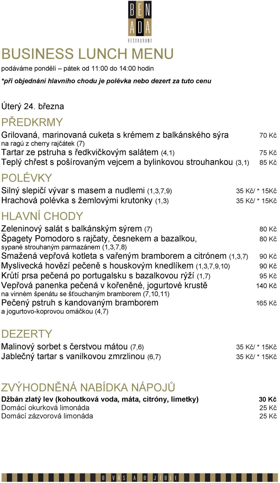 balkánským sýrem (7) Špagety Pomodoro s rajčaty, česnekem a bazalkou, sypané strouhaným parmazánem (1,3,7,8) Smažená vepřová