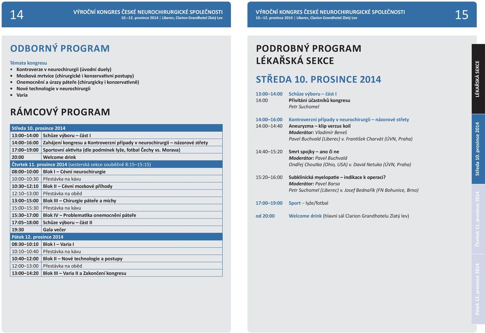 prosince 2014 13:00 14:00 Schůze výboru část I 14:00 16:00 Zahájení kongresu a Kontroverzní případy v neurochirurgii názorové střety 17:00 19:00 Sportovní aktivita (dle podmínek lyže, fotbal Čechy vs.