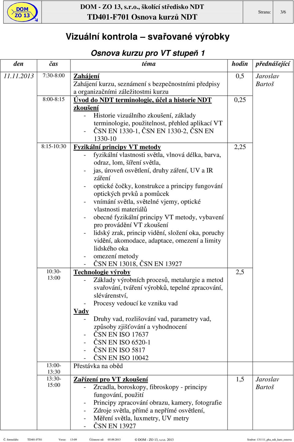 vizuálního zkoušení, základy terminologie, použitelnost, přehled aplikací VT - ČSN EN 1330-1, ČSN EN 1330-2, ČSN EN 1330-10 8:15-10:30 Fyzikální principy VT metody - fyzikální vlastnosti světla,