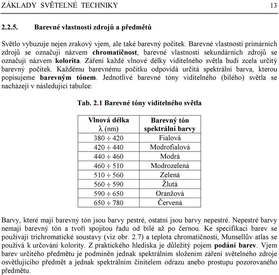 Záření každé vlnové délky viditelného světla budí zcela určitý barevný počitek. Každému barevnému počitku odpovídá určitá spektrální barva, kterou popisujeme barevným tónem.