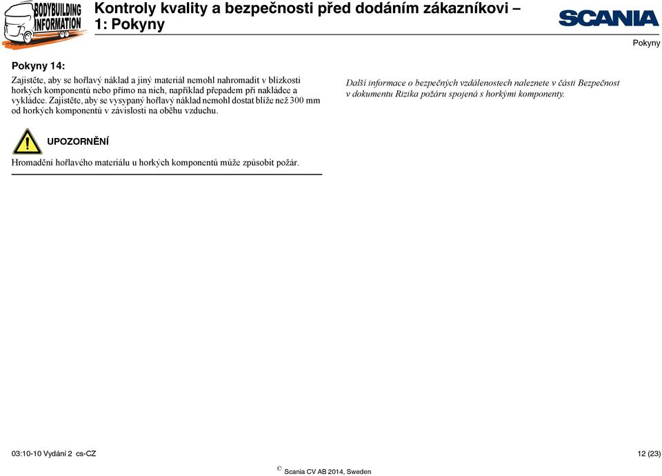 Zajistěte, aby se vysypaný hořlavý náklad nemohl dostat blíže než 300 mm od horkých komponentů v závislosti na oběhu vzduchu.