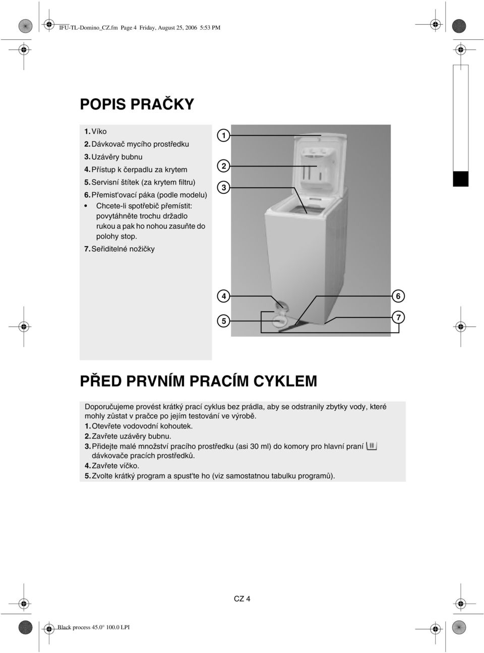 Seřiditelné nožičky 1 2 3 4 5 6 7 PŘED PRVNÍM PRACÍM CYKLEM Doporučujeme provést krátký prací cyklus bez prádla, aby se odstranily zbytky vody, které mohly zůstat v pračce po jejím testování ve