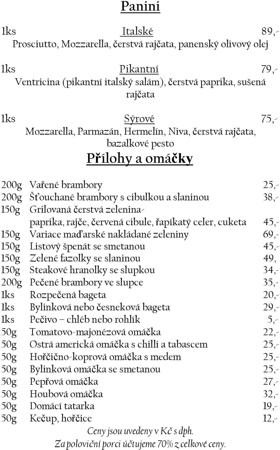 zeleninapaprika, rajče, červená cibule, řapíkatý celer, cuketa 45,- 150g Variace maďarské nakládané zeleniny 69,- 150g Listový špenát se smetanou 45,- 150g Zelené fazolky se slaninou 49, 150g