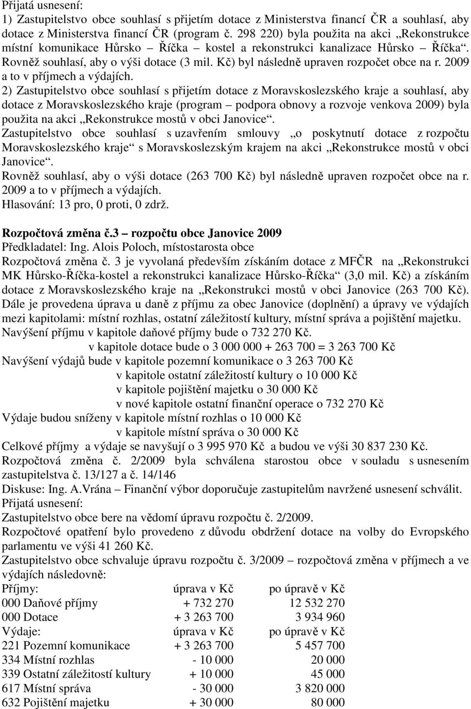 Kč) byl následně upraven rozpočet obce na r. 2009 a to v příjmech a výdajích.