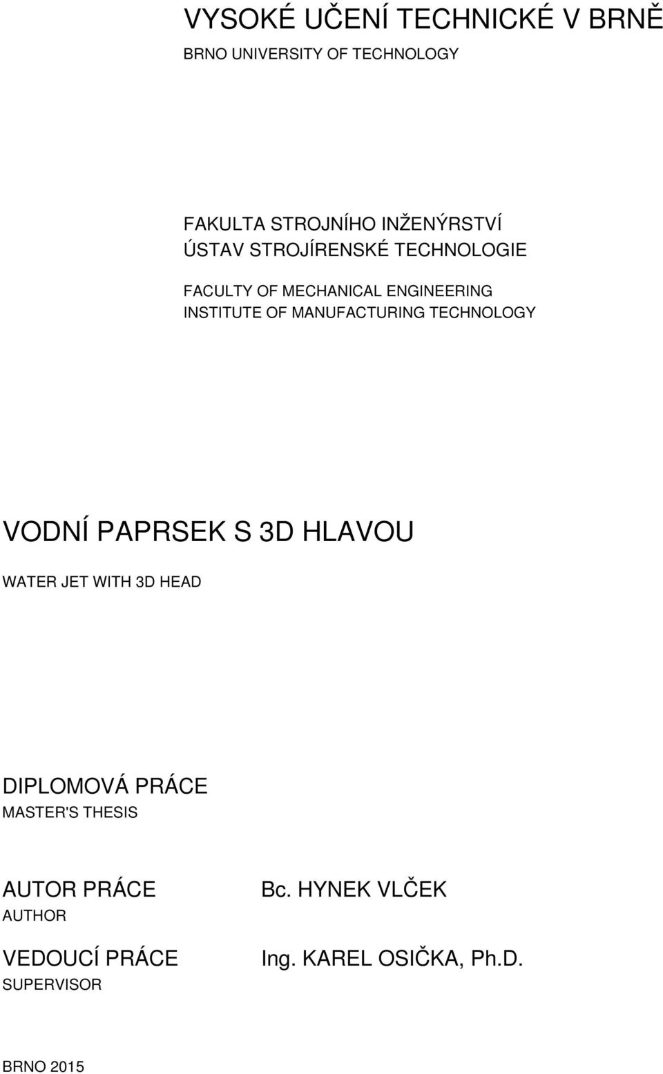 TECHNOLOGY VODNÍ PAPRSEK S 3D HLAVOU WATER JET WITH 3D HEAD DIPLOMOVÁ PRÁCE MASTER'S THESIS