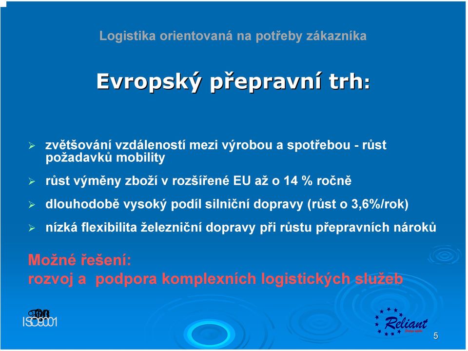 vysoký podíl silniční dopravy (růst o 3,6%/rok) nízká flexibilita železniční dopravy