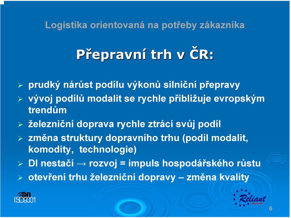 svůj podíl změna struktury dopravního trhu (podíl modalit, komodity, technologie)