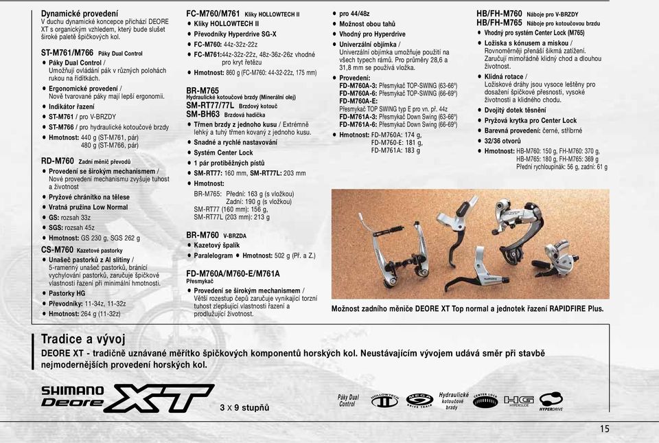 O Indikátor řazení O ST-M761 / pro V-BRZDY O ST-M766 / pro hydraulické kotoučové brzdy O Hmotnost: 440 g (ST-M761, pár) 480 g (ST-M766, pár) RD-M760 Zadní měnič převodů O Provedení se širokým