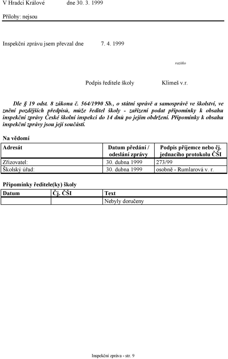 dnů po jejím obdržení. Připomínky k obsahu inspekční zprávy jsou její součástí. Na vědomí Adresát Datum předání / odeslání zprávy Podpis příjemce nebo čj.