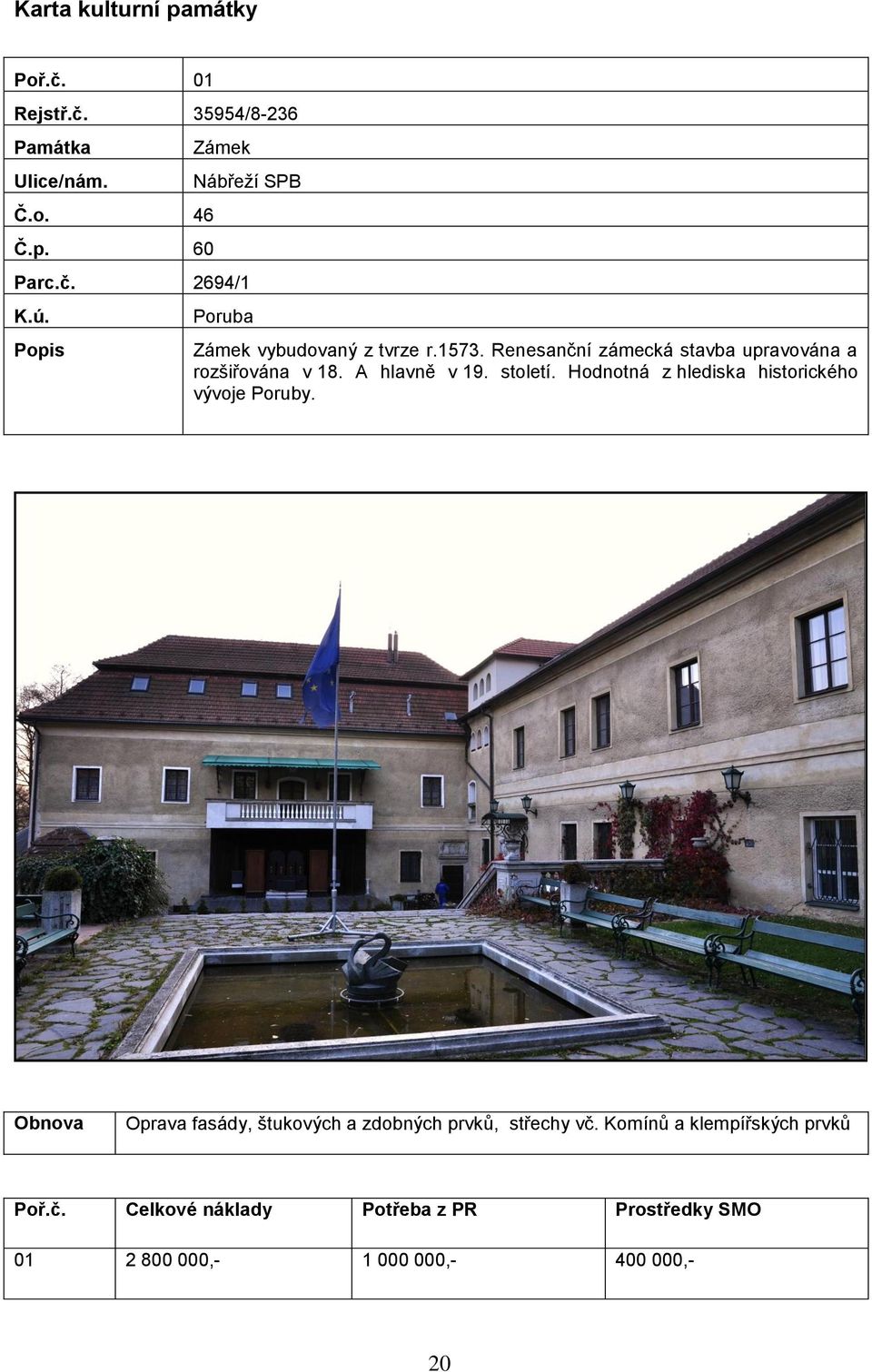 stletí. Hdntná z hlediska histrickéh vývje Pruby. Obnva Oprava fasády, štukvých a zdbných prvků, střechy vč.