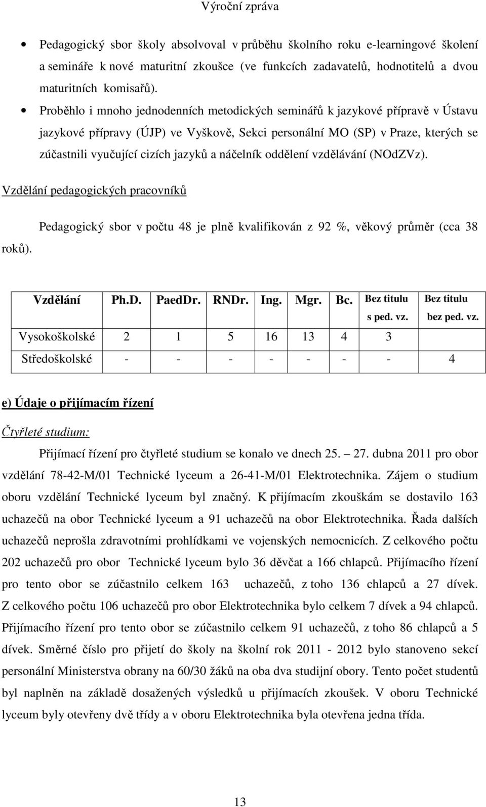 náčelník oddělení vzdělávání (NOdZVz). Vzdělání pedagogických pracovníků roků). Pedagogický sbor v počtu 48 je plně kvalifikován z 92 %, věkový průměr (cca 38 Vzdělání Ph.D. PaedDr. RNDr. Ing. Mgr.