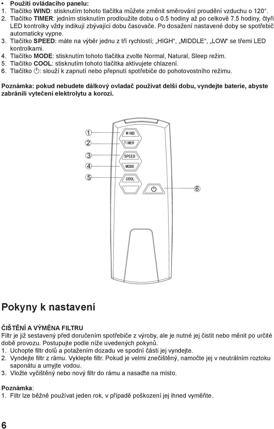 Tlačítko SPEED: máte na výběr jednu z tří rychlostí; HIGH, MIDDLE, LOW se třemi LED kontrolkami. 4. Tlačítko MODE: stisknutím tohoto tlačítka zvolte Normal, Natural, Sleep režim. 5.