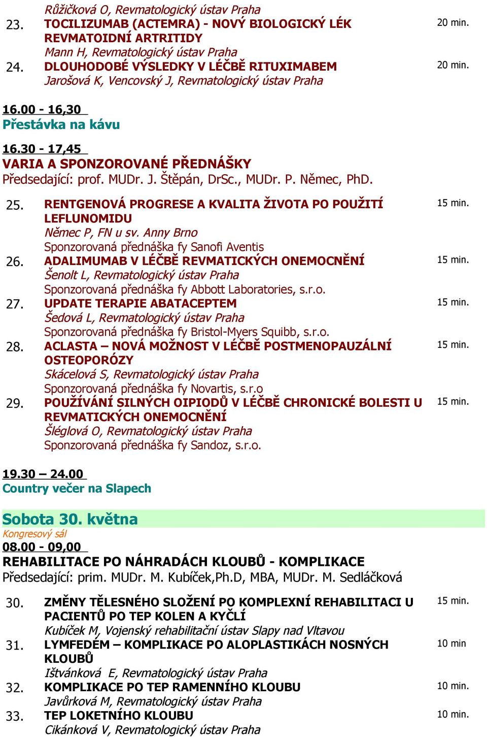 , MUDr. P. Němec, PhD. 25. RENTGENOVÁ PROGRESE A KVALITA ŽIVOTA PO POUŽITÍ LEFLUNOMIDU Němec P, FN u sv. Anny Brno Sponzorovaná přednáška fy Sanofi Aventis 26.