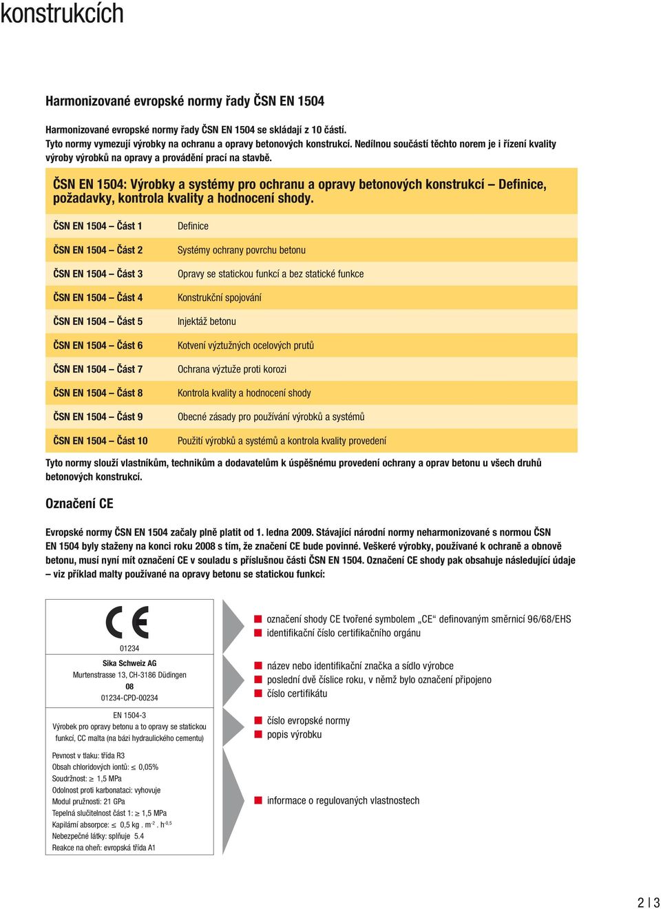 ČSN EN 1504: Výrobky a systémy pro ochranu a opravy betonových konstrukcí Definice, požadavky, kontrola kvality a hodnocení shody.