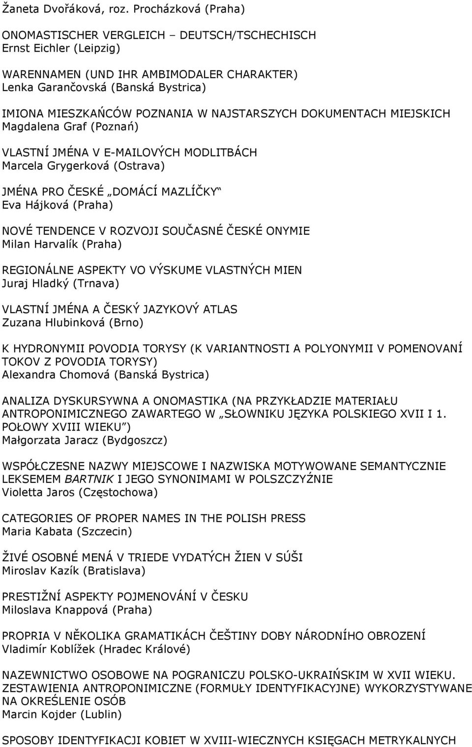 NAJSTARSZYCH DOKUMENTACH MIEJSKICH Magdalena Graf (Poznań) VLASTNÍ JMÉNA V E-MAILOVÝCH MODLITBÁCH Marcela Grygerková (Ostrava) JMÉNA PRO ČESKÉ DOMÁCÍ MAZLÍČKY Eva Hájková (Praha) NOVÉ TENDENCE V