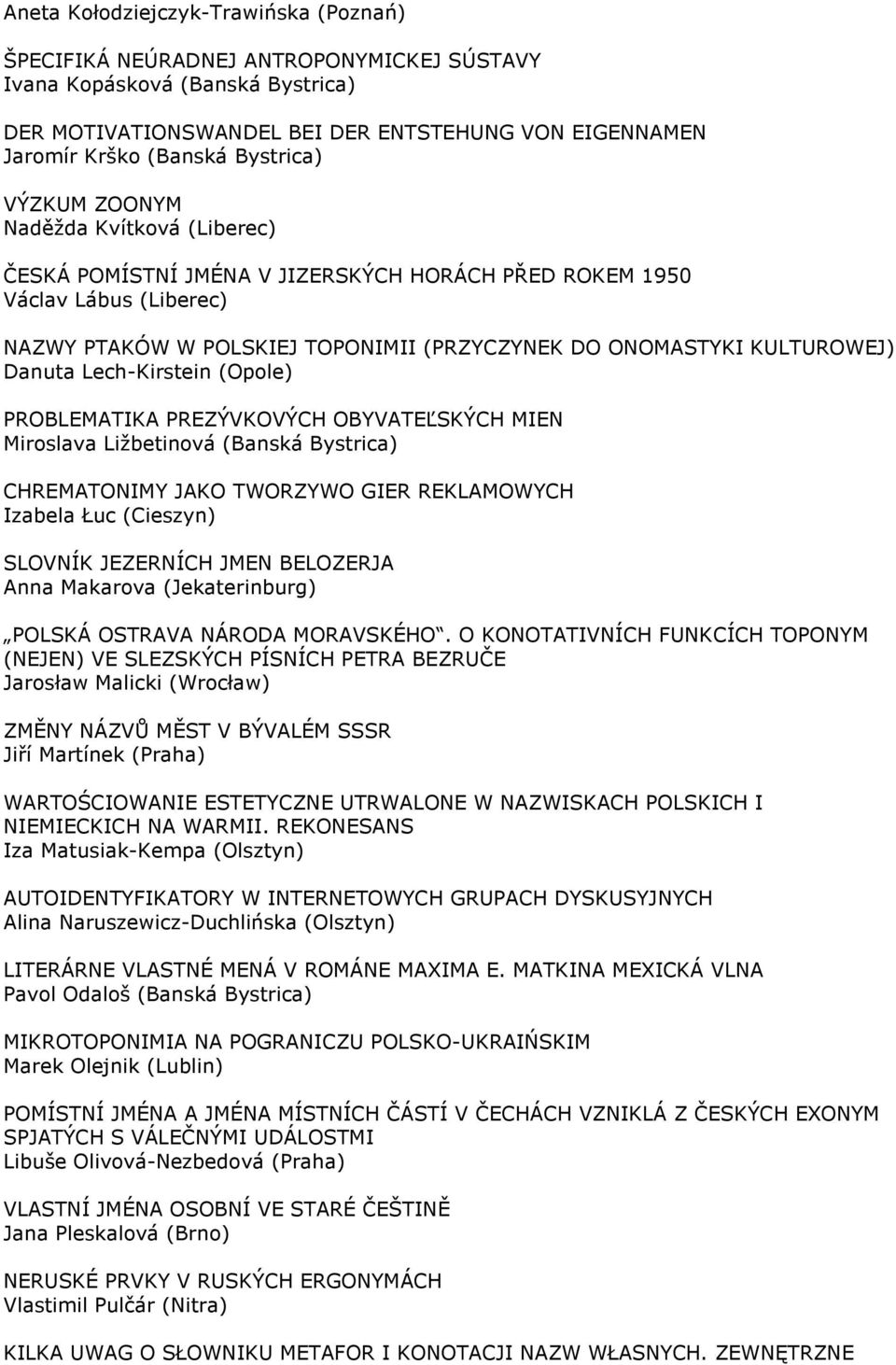 KULTUROWEJ) Danuta Lech-Kirstein (Opole) PROBLEMATIKA PREZÝVKOVÝCH OBYVATEĽSKÝCH MIEN Miroslava Ližbetinová (Banská Bystrica) CHREMATONIMY JAKO TWORZYWO GIER REKLAMOWYCH Izabela Łuc (Cieszyn) SLOVNÍK