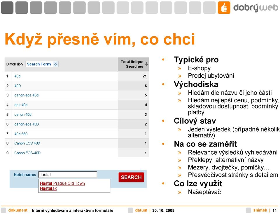 (případně několik alternativ) Na co se zaměřit» Relevance výsledků vyhledávání» Překlepy,