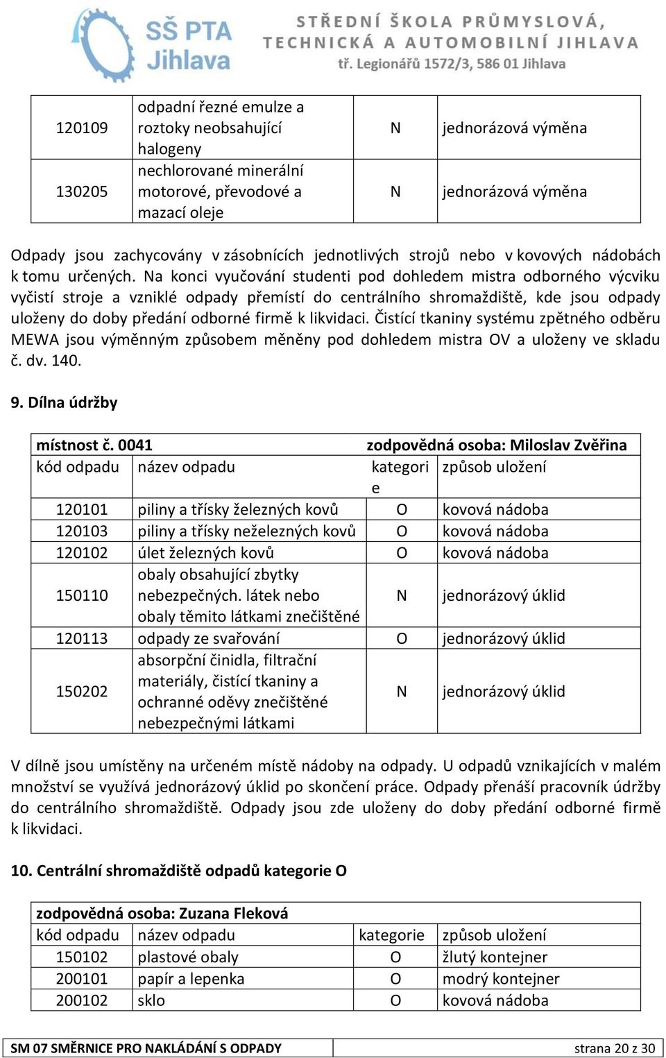 a konci vyučování studenti pod dohledem mistra odborného výcviku vyčistí stroje a vzniklé odpady přemístí do centrálního shromaždiště, kde jsou odpady uloženy do doby předání odborné firmě k