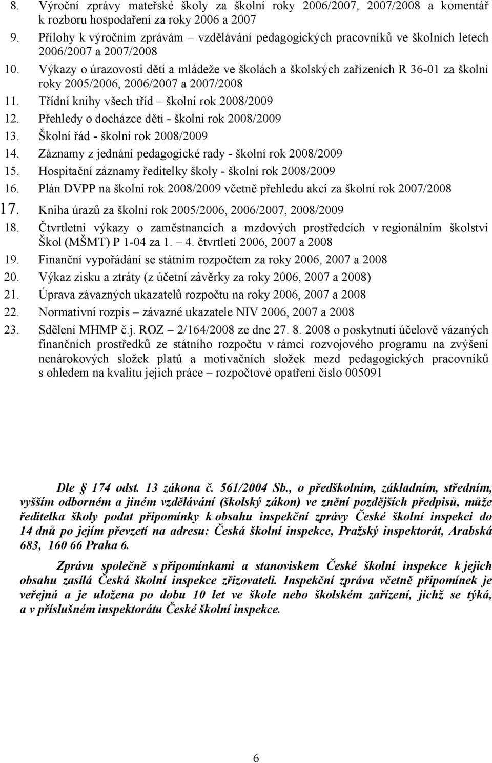 Výkazy o úrazovosti dětí a mládeže ve školách a školských zařízeních R 36-01 za školní roky 2005/2006, 2006/2007 a 2007/2008 11. Třídní knihy všech tříd školní rok 2008/2009 12.