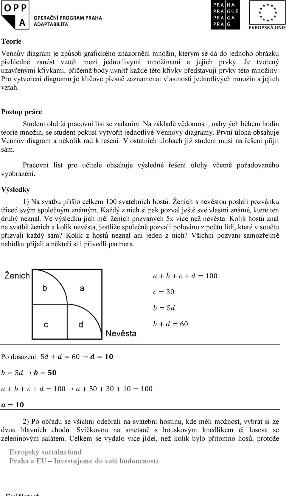 Postup práce Student obdrží pracovní list se zadáním. Na základě vědomostí, nabytých během hodin teorie množin, se student pokusí vytvořit jednotlivé Vennovy diagramy.