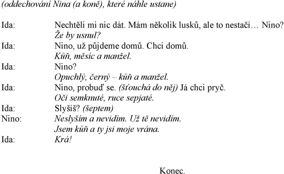 Kůň, měsíc a manžel. Nino? Opuchlý, černý kůň a manžel. Nino, probuď se.