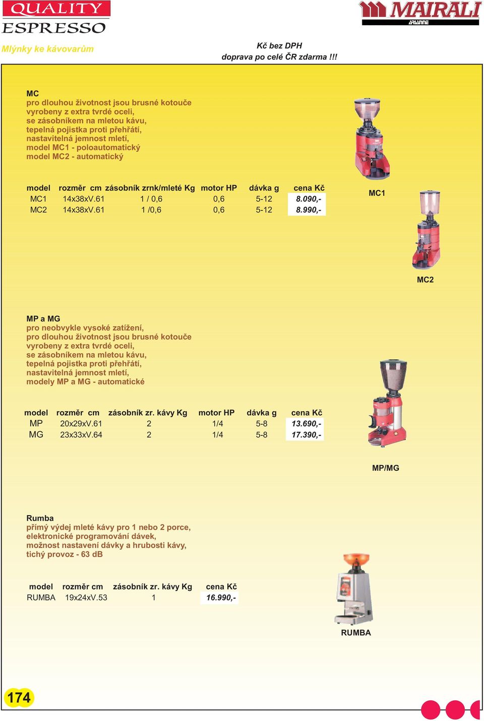 990,- MC1 MC2 MP a MG pro neobvykle vysoké zatí ení, pro dlouhou ivotnost jsou brusné kotouèe vyrobeny z extra tvrdé oceli, se zásobníkem na mletou kávu, tepelná pojistka proti pøehøátí, nastavitelná