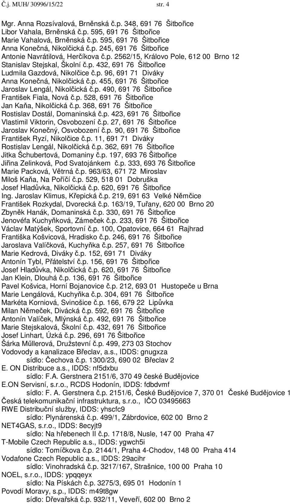 p. 455, 691 76 Šitbořice Jaroslav Lengál, Nikolčická č.p. 490, 691 76 Šitbořice František Fiala, Nová č.p. 528, 691 76 Šitbořice Jan Kaňa, Nikolčická č.p. 368, 691 76 Šitbořice Rostislav Dostál, Domaninská č.