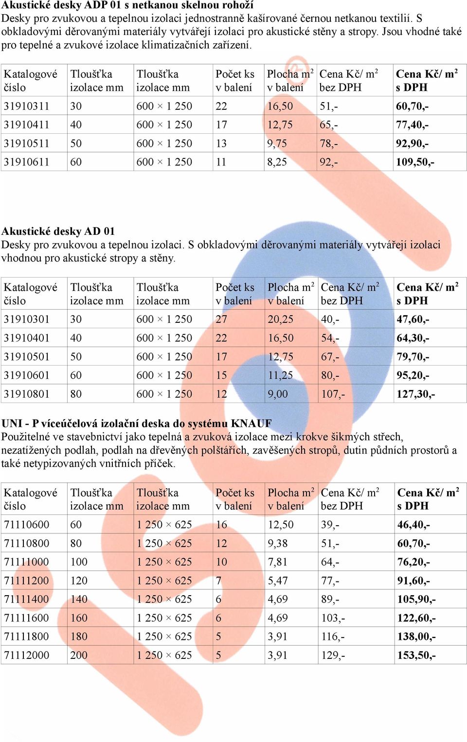 31910311 30 600 1 250 22 16,50 51,- 60,70,- 31910411 40 600 1 250 17 12,75 65,- 77,40,- 31910511 50 600 1 250 13 9,75 78,- 92,90,- 31910611 60 600 1 250 11 8,25 92,- 109,50,- Akustické desky AD 01