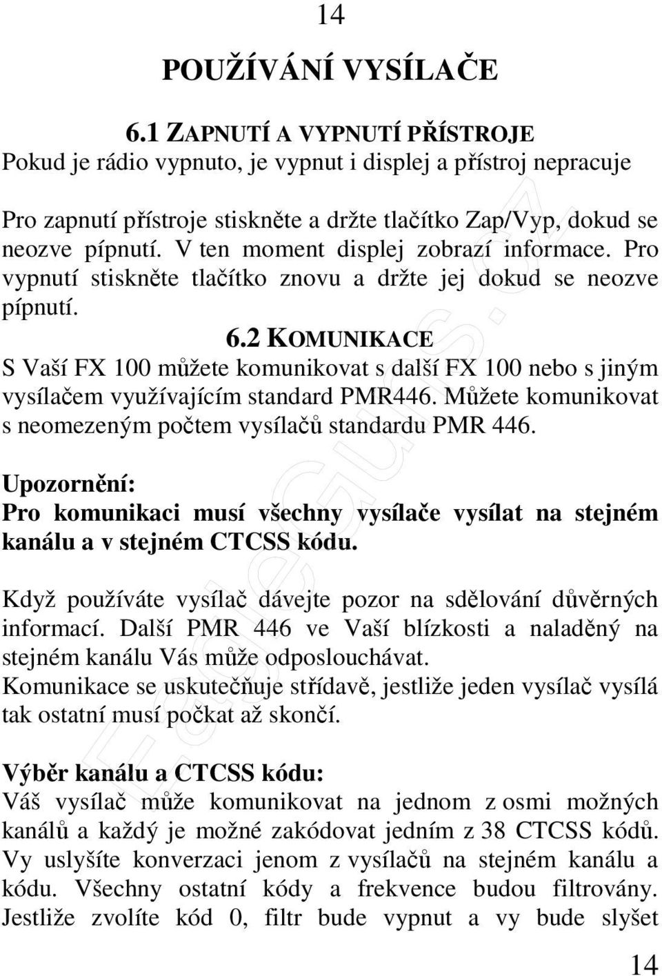 PMR FX-100 TWIN. 8 kanálový, 2 cestní PMR vysílač Návod na obsluhu. Český  jazyk - PDF Free Download