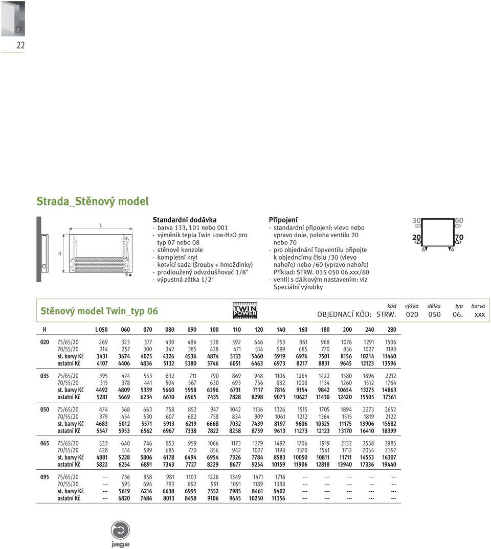 nebo /60 (vpravo nahoře) Příklad: STRW. 035 050 06.xxx/60 - ventil s dálkovým nastavením: viz Speciální výrobky Stěnový model Twin_typ 06 kód výška délka typ barva OBJEDNACÍ KÓD : STRW. 020 050 06.