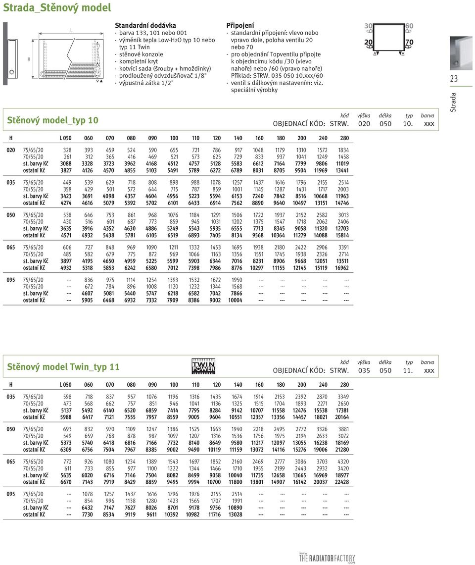 kódu /30 (vlevo nahoře) nebo /60 (vpravo nahoře) Příklad: STRW. 035 050 10.xxx/60 - ventil s dálkovým nastavením: viz. speciální výrobky kód výška délka typ barva OBJEDNACÍ KÓD : STRW. 020 050 10.