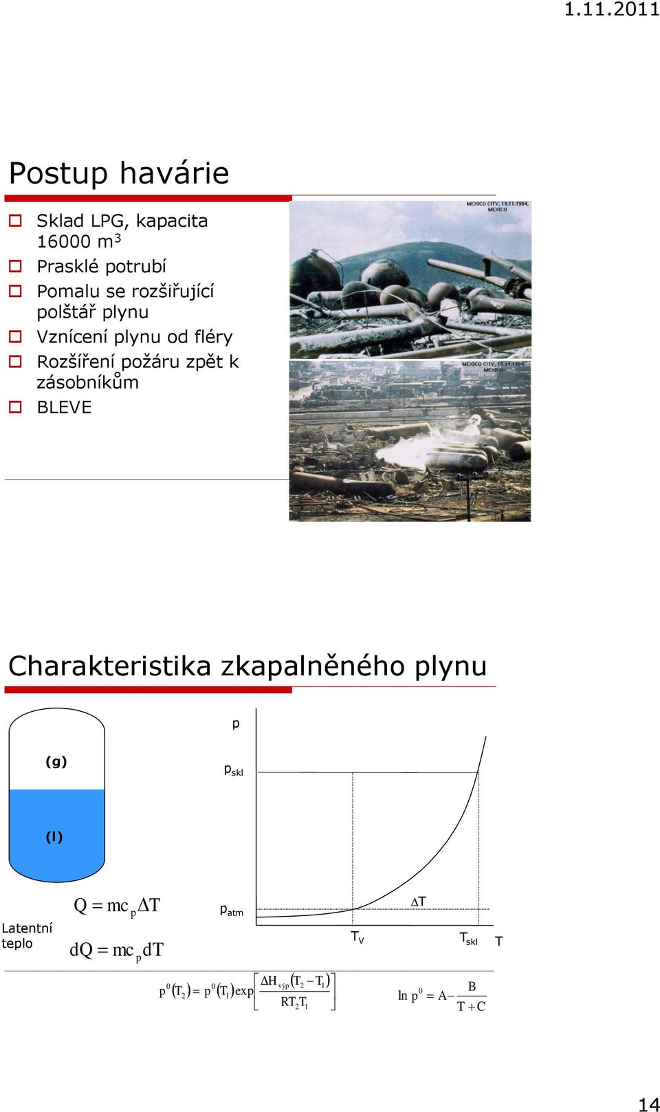 zásobníkům BLEVE Charakteristika zkapalněného plynu p (g) p skl (l) Latentní
