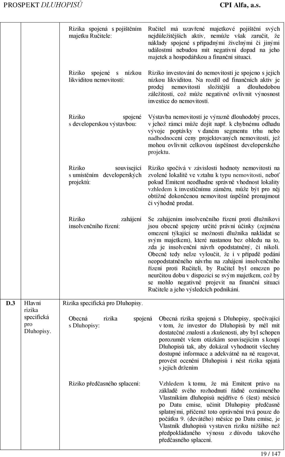 negativní dopad na jeho majetek a hospodářskou a finanční situaci. Riziko investování do nemovitostí je spojeno s jejich nízkou likviditou.
